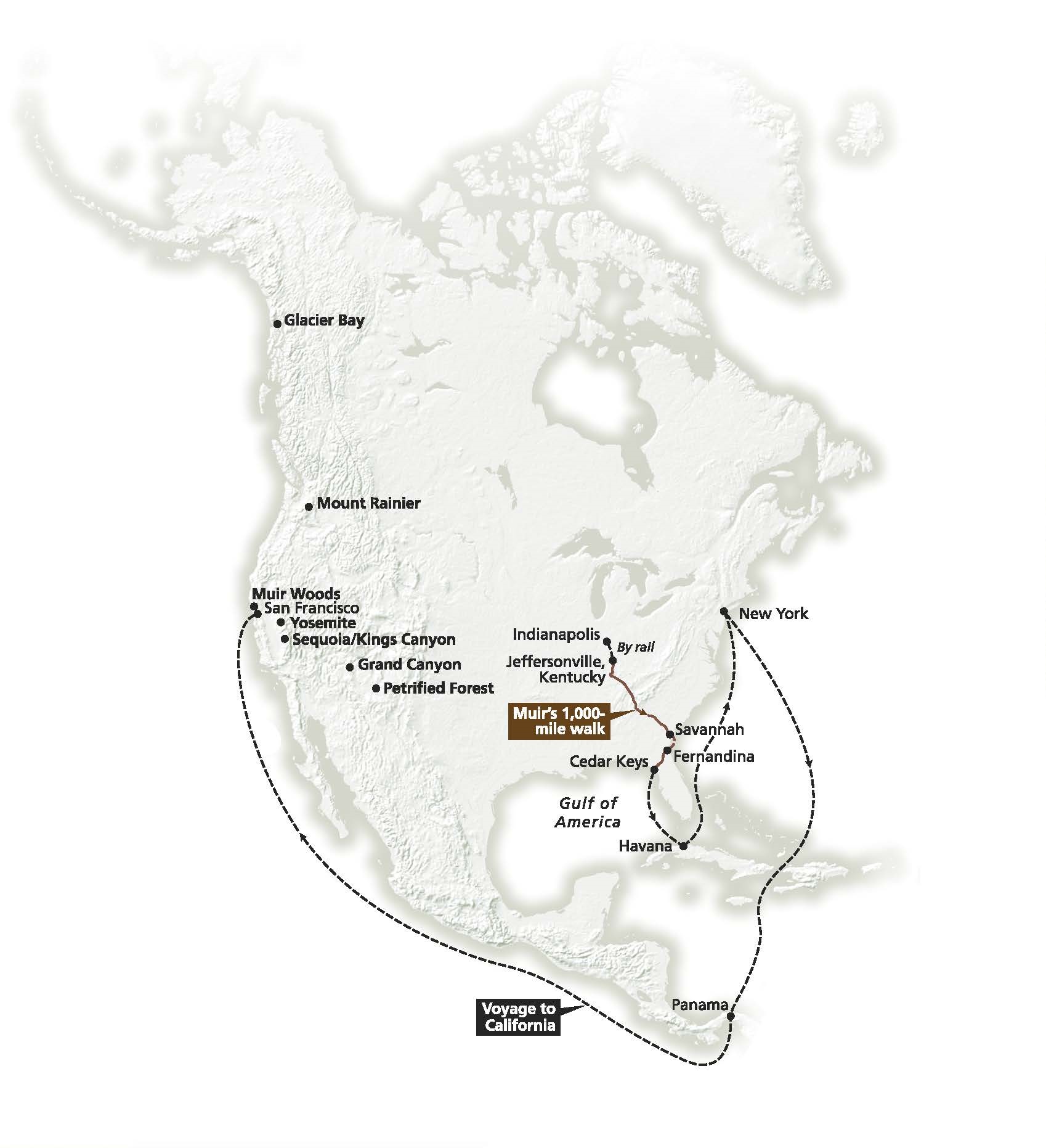 Map of John Muir’s Travels, which span much of North America. His route is indicated with solid and dashed lines representing travel by foot, train, and boat.
