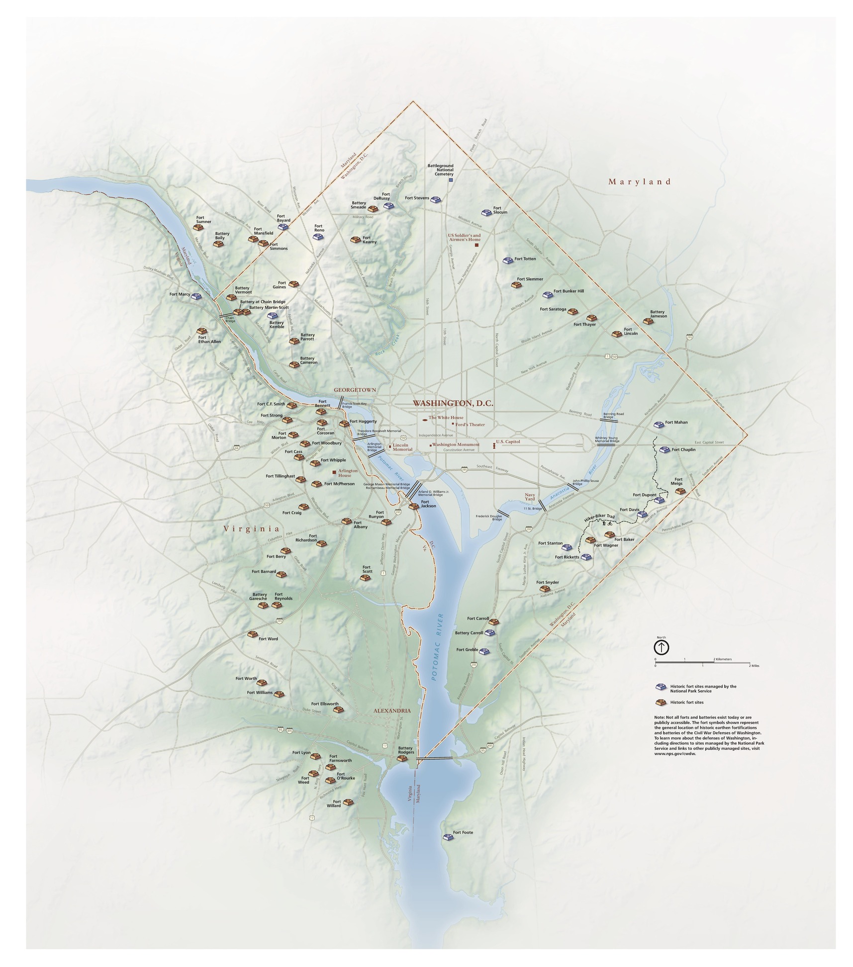 Map of Civil War Defenses of Washington in Washington, DC, Maryland, and Virginia. Dozens of forts are represented by gray or brown fort-shaped symbols that together make a rough circle through mostly Washington, DC and Virginia.