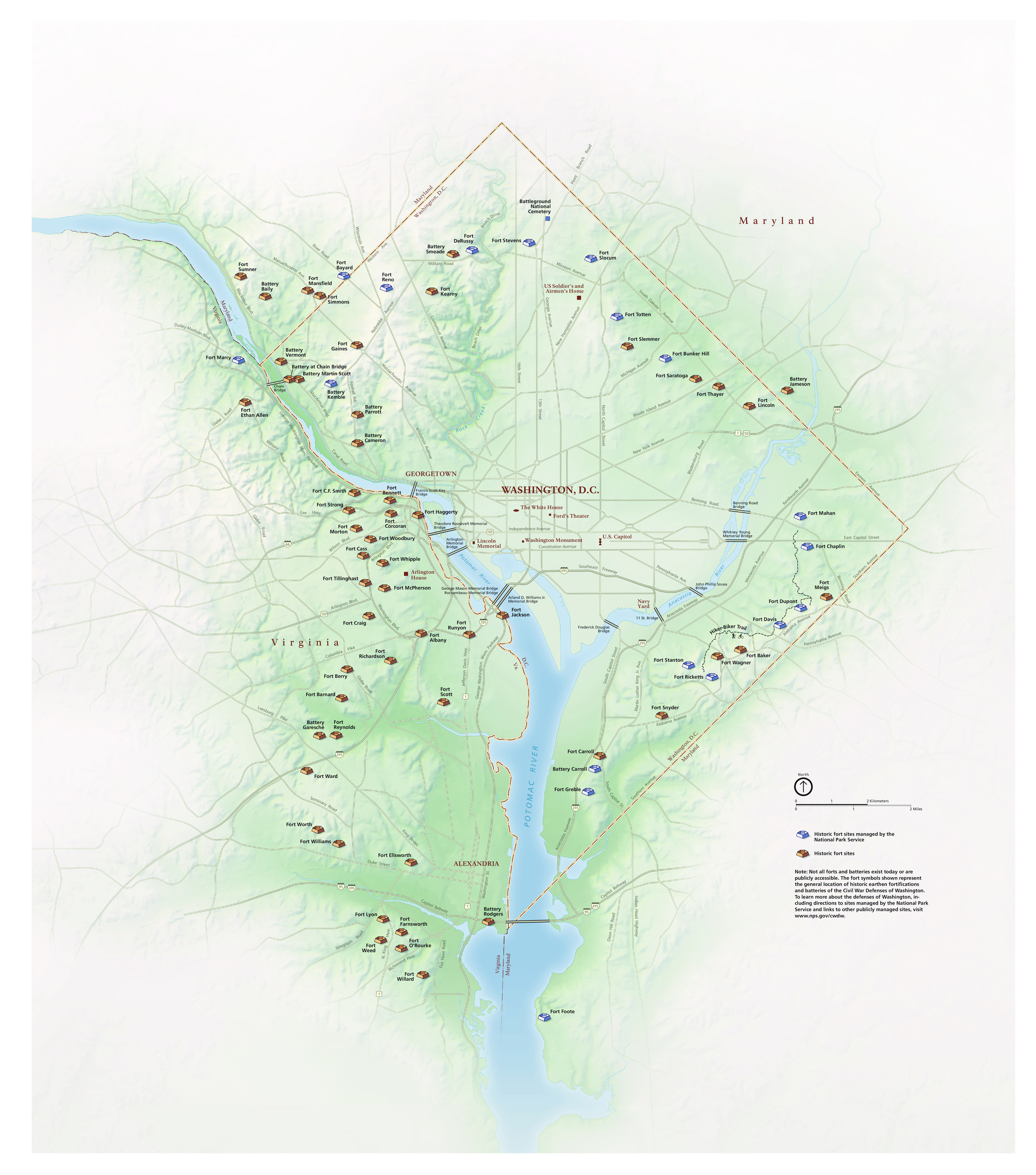 Map of Civil War Defenses of Washington in Washington, DC, Maryland, and Virginia. Dozens of forts are represented by gray or brown fort-shaped symbols that together make a rough circle through mostly Washington, DC and Virginia.