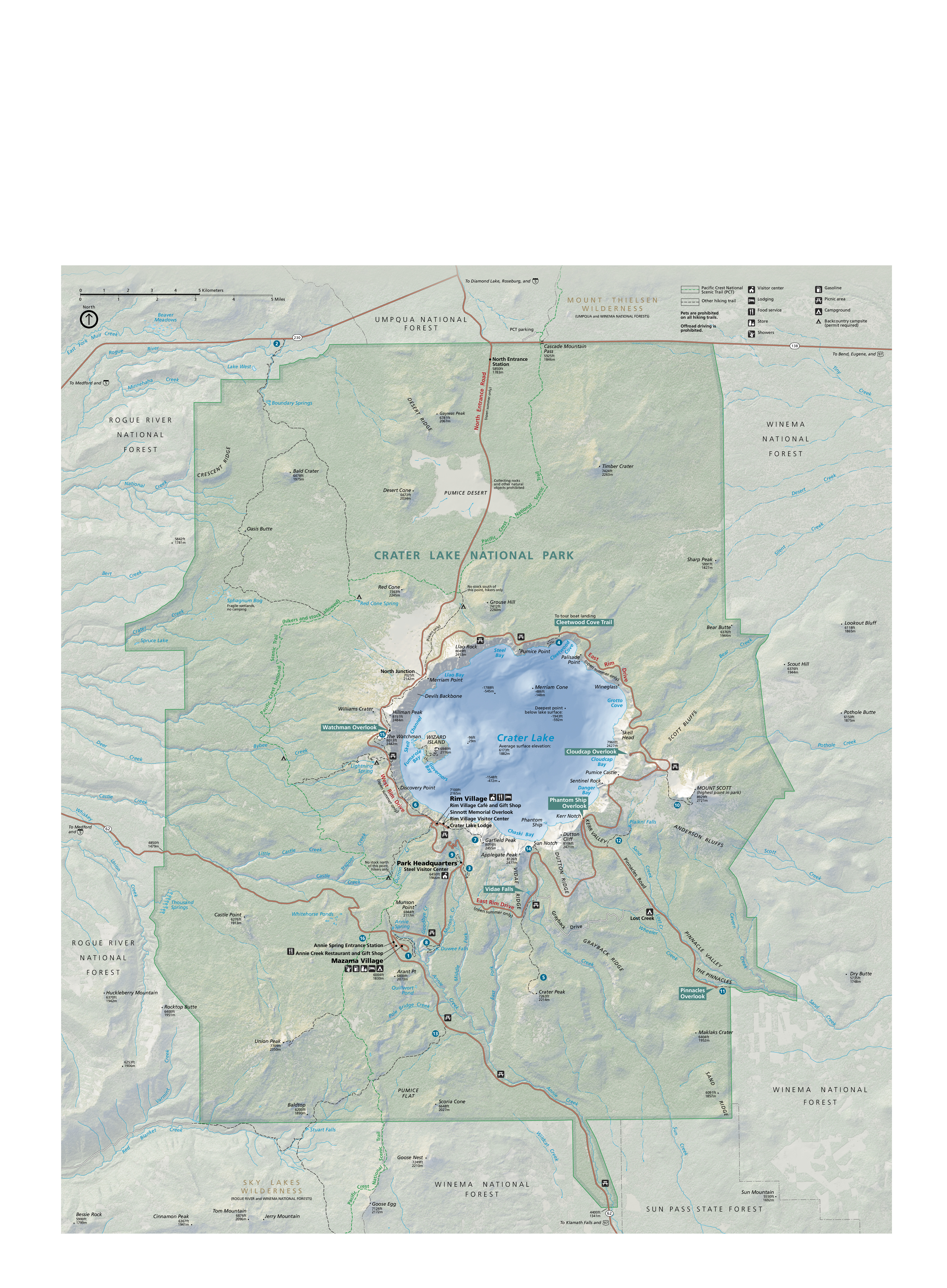 Map of Crater Lake National Park in Oregon. The boundaries of the mostly rectangular park are outlined in green, and the land inside the park is green, a shade darker than the surrounding land. Blue rivers fan out from all sides around the circular, sky-blue Crater Lake in the middle of the park.
