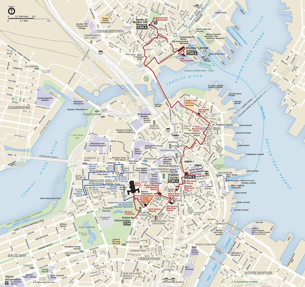 Map of Boston National Historical Park. Waterways, which are shown in blue, wind up, around, and through three major landmasses around Boston. Red and blue trails trace paths through city blocks represented in tan and parks shown in green.