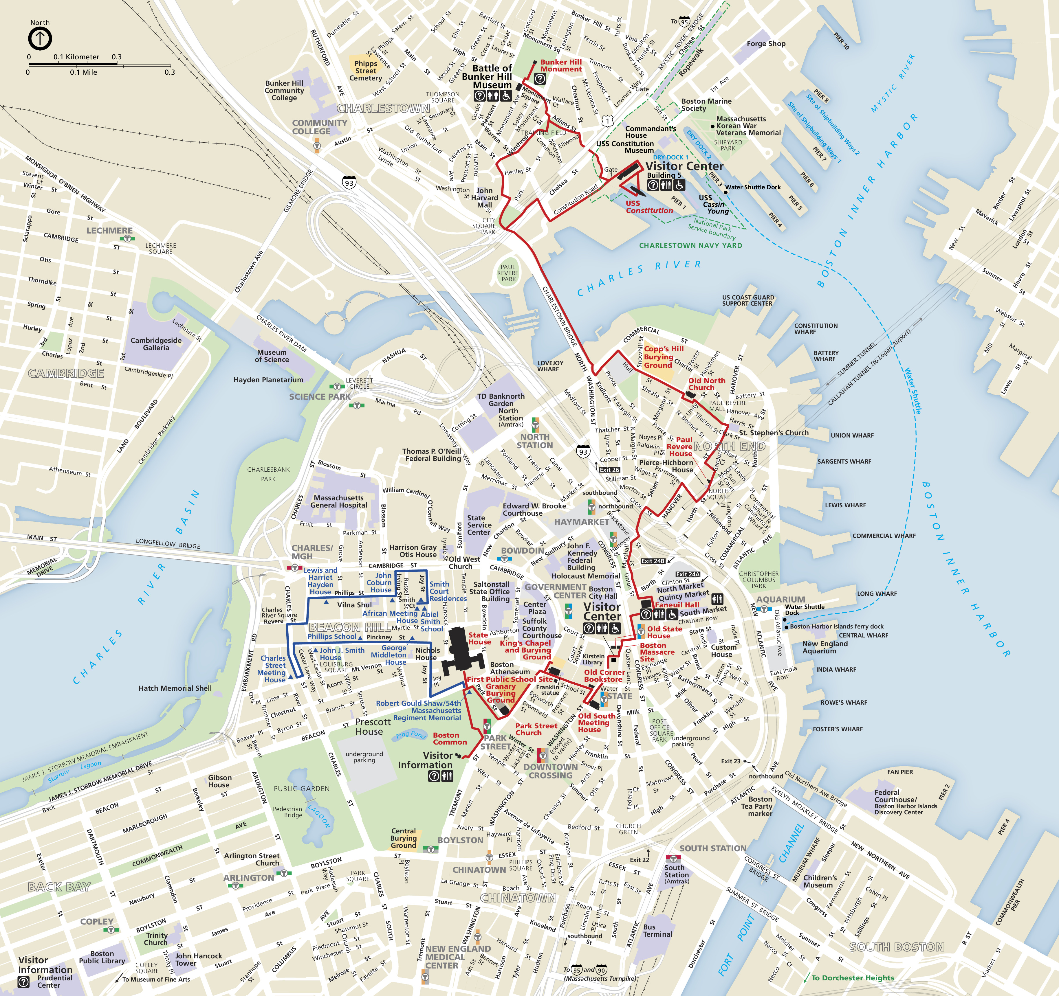 Map of Boston National Historical Park. Waterways, which are shown in blue, wind up, around, and through three major landmasses around Boston. Red and blue trails trace paths through city blocks represented in tan and parks shown in green.