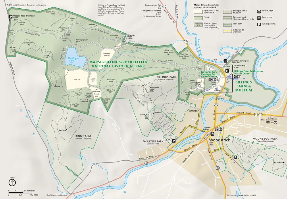 Map of Marsh-Billings-Rockefeller National Historical Park in Vermont. Outlined and shaded in green, the park has mostly angular, straight sides except for a round-edged, crescent-shaped section to the right. Surrounding areas are shown in paler green, tan, or beige, and waterways are shown in blue.
