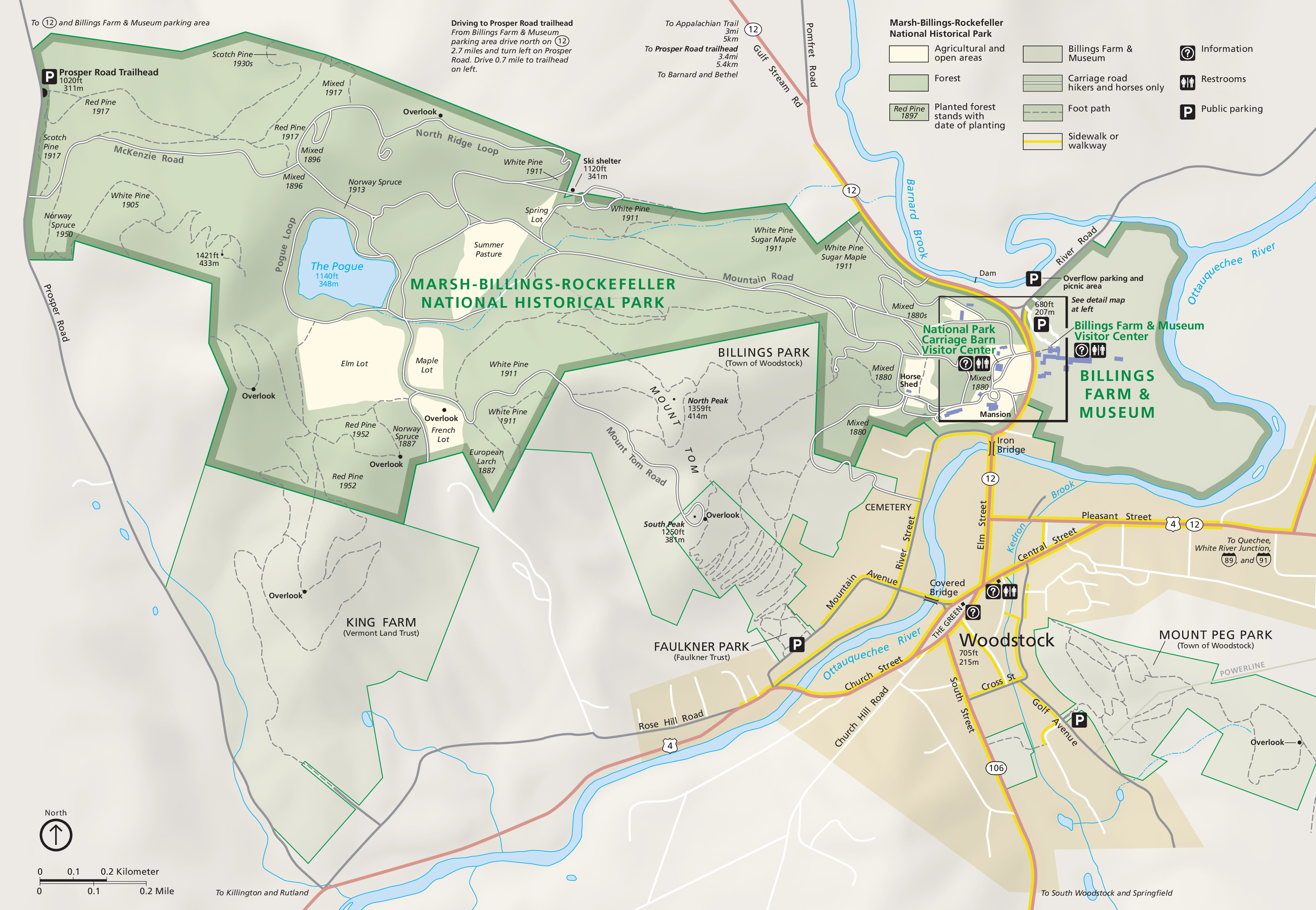 Map of Marsh-Billings-Rockefeller National Historical Park in Vermont. Outlined and shaded in green, the park has mostly angular, straight sides except for a round-edged, crescent-shaped section to the right. Surrounding areas are shown in paler green, tan, or beige, and waterways are shown in blue.