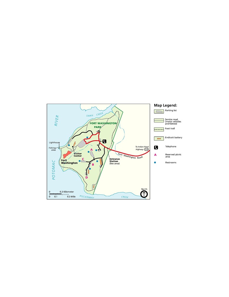 Map of Fort Washington Park in Maryland. The park is shown in green, surrounding land in beige, and waterways in blue. The main access road, Fort Washington, is shown in red, and other park roads are black.
