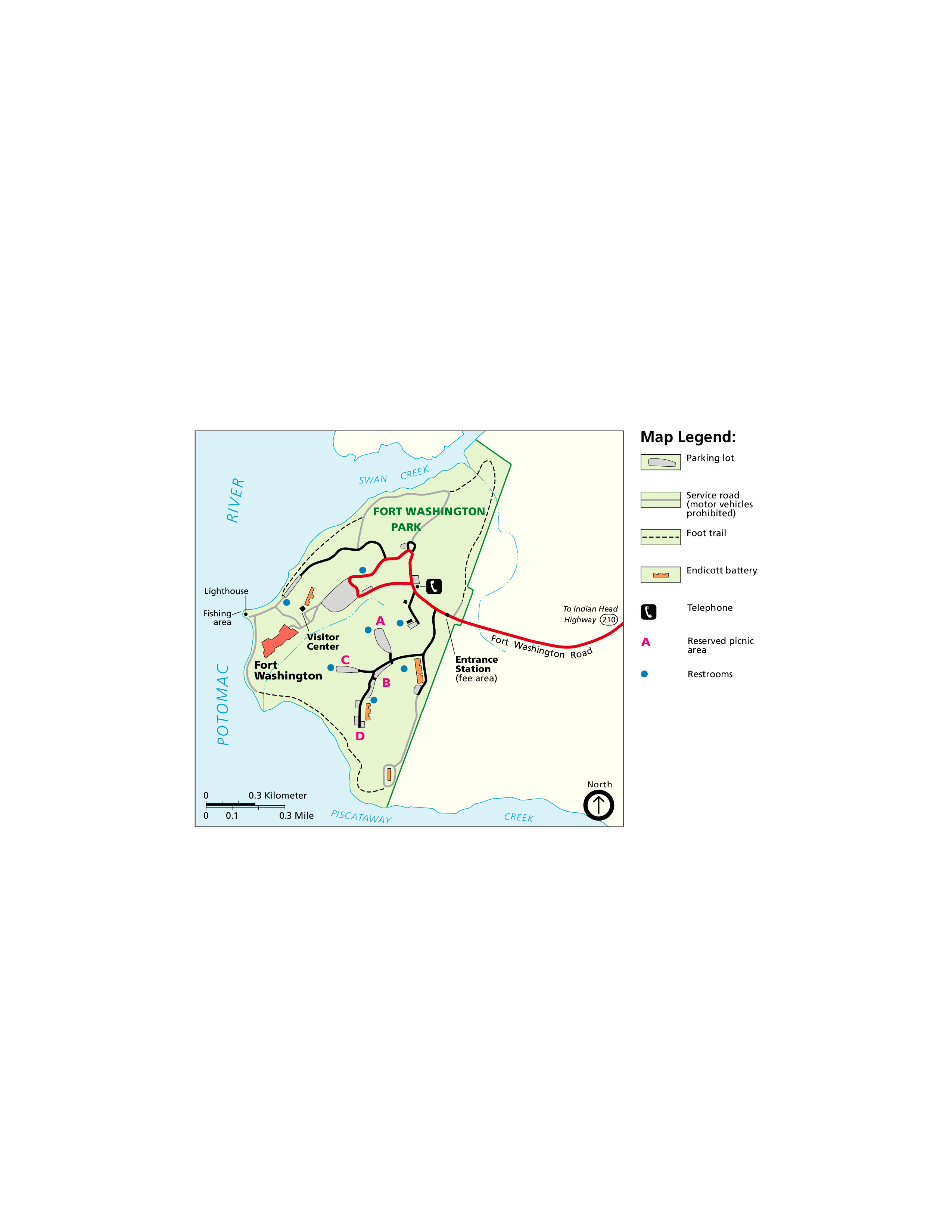 Map of Fort Washington Park in Maryland. The park is shown in green, surrounding land in beige, and waterways in blue. The main access road, Fort Washington, is shown in red, and other park roads are black.