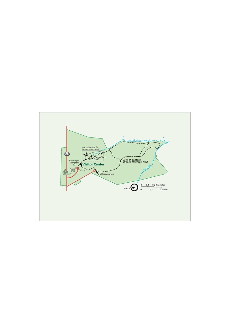 Map of Booker T. Washington National Memorial in Virginia. State Route 122 runs vertically up the left side of the map and the park, shown in green, extends like a forked flag to the right.