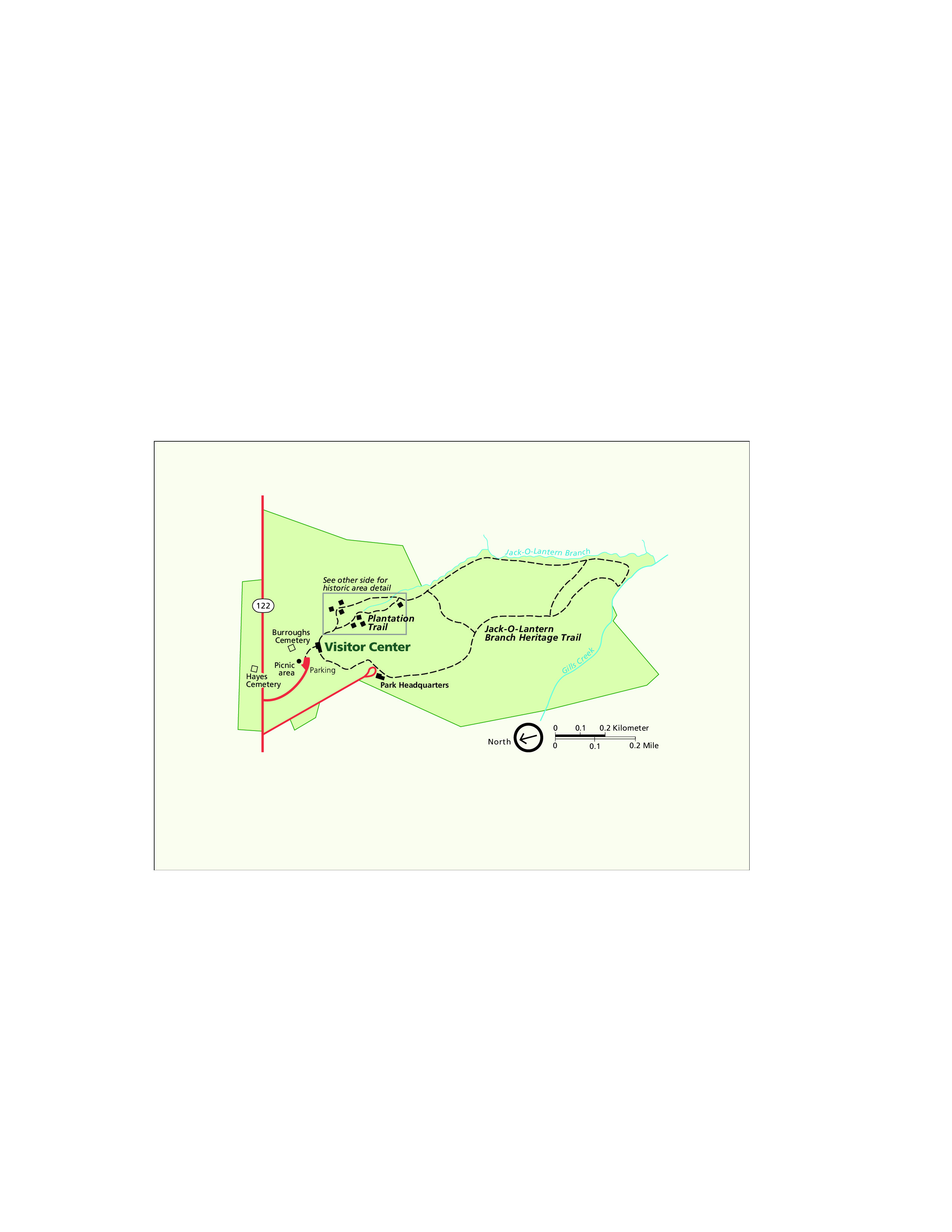 Map of Booker T. Washington National Memorial in Virginia. State Route 122 runs vertically up the left side of the map and the park, shown in green, extends like a forked flag to the right.