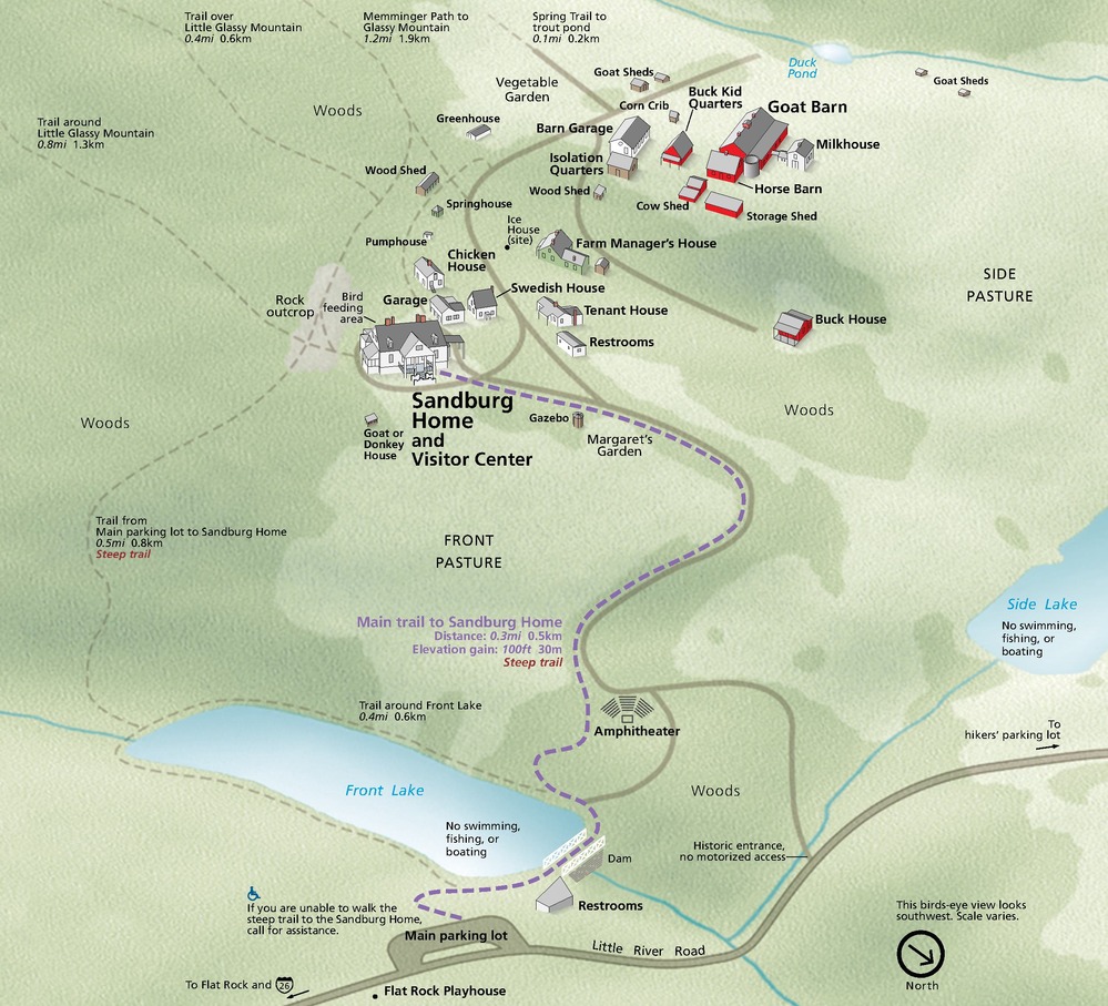 Map of Carl Sandburg Home National Historic Site in North Carolina. Buildings are rendered in perspective across a mottled green ground. 