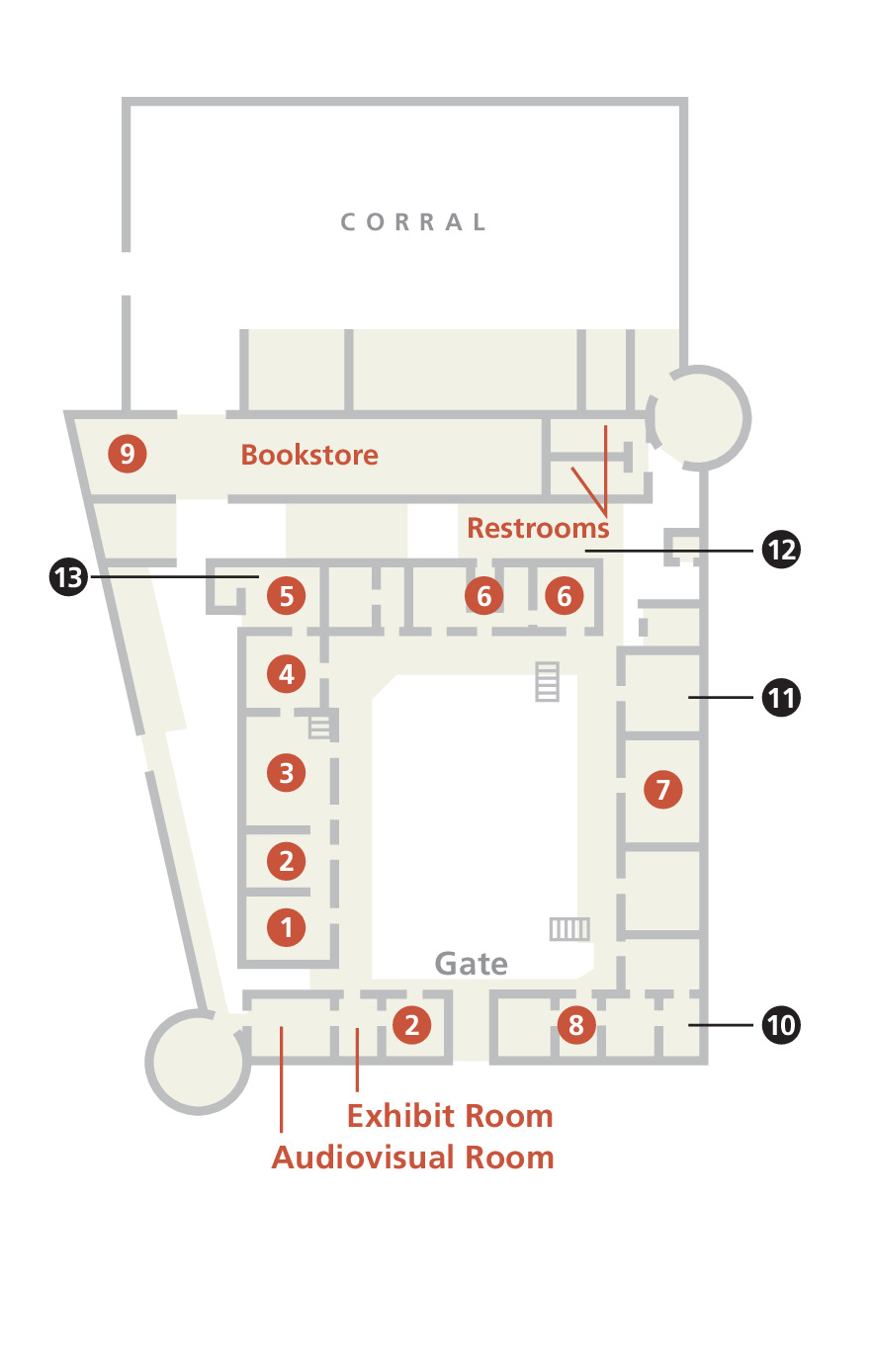 Floor Plan of Bent's Old Fort National Historic Site in Colorado. The diagram is a bird’s eye view of a rectangular network of rooms, most of which contain a number between 1 and 12.