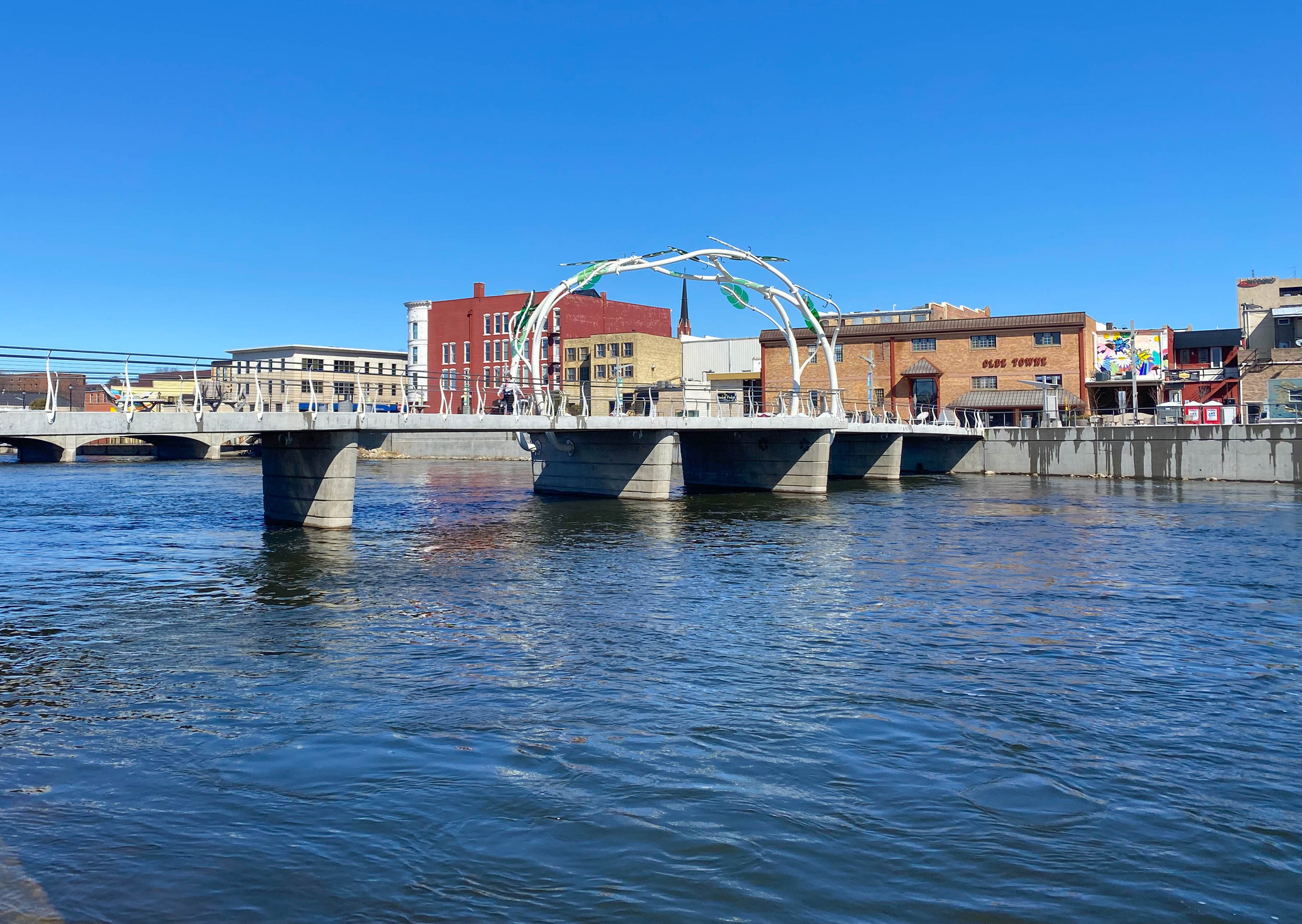 Bridge decorated with a vine sculpture over a river in an urban area