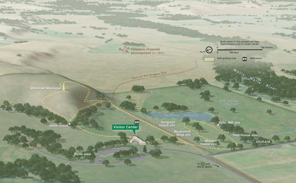 3D map of Whitman Mission National Historic Site in Washington. Sites dot roads and trails rendered in a landscape scattered with trees.
