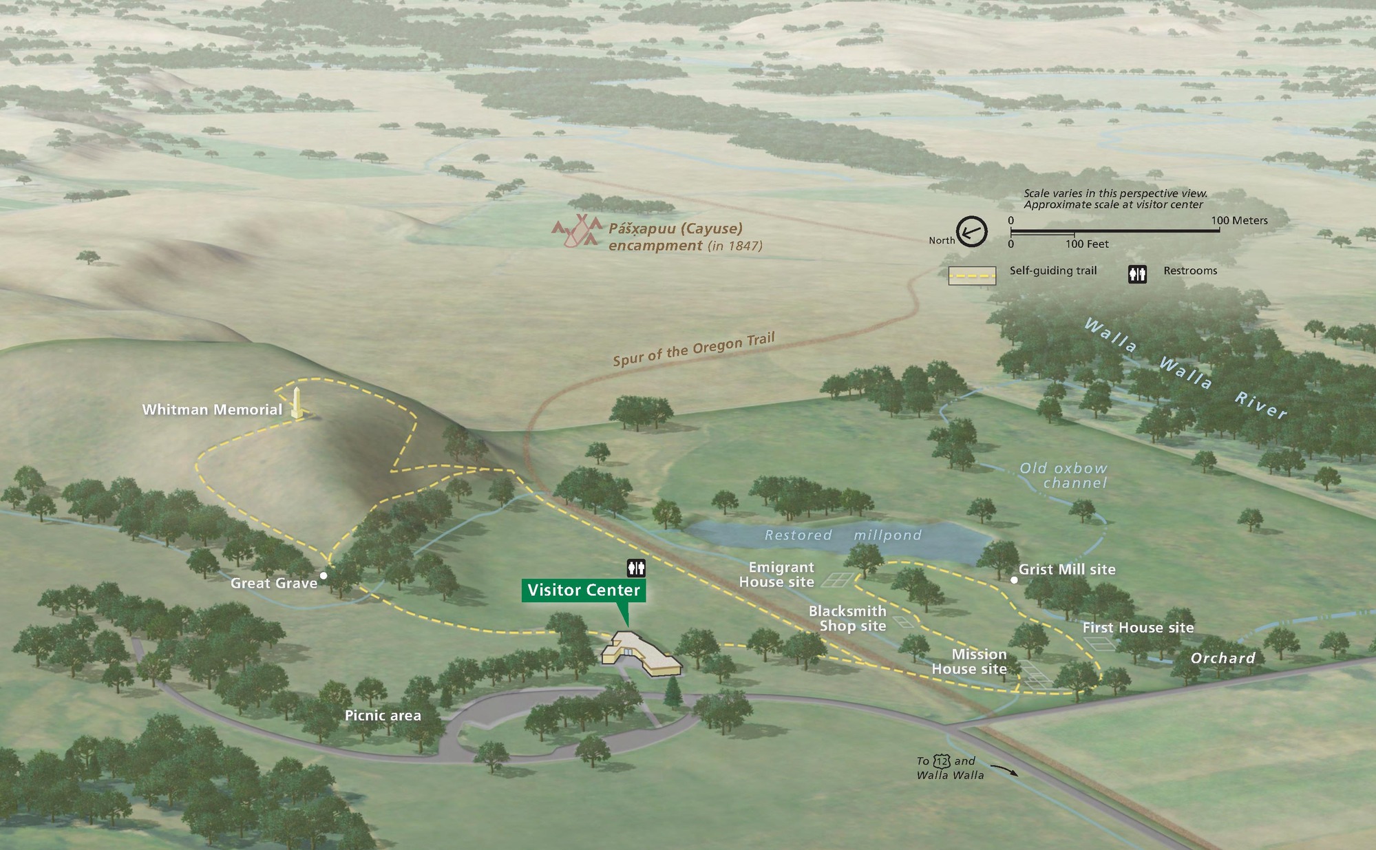 3D map of Whitman Mission National Historic Site in Washington. Sites dot roads and trails rendered in a landscape scattered with trees.
