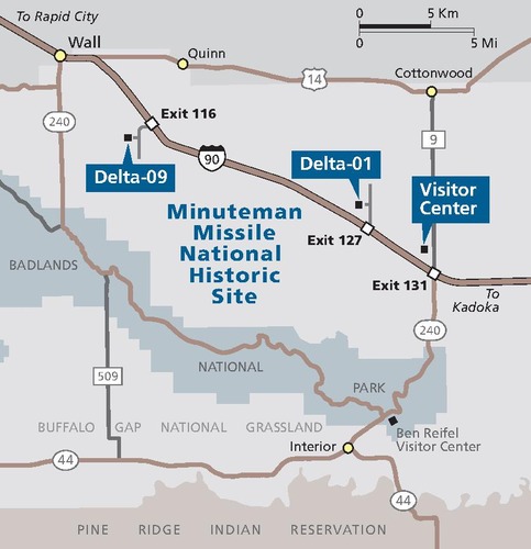 Map of Minuteman Missile National Historic Site in South Dakota. Three sites are labeled with blue callout boxes that match the text color identifying the park. Roads are shown as brown lines against a fog-gray background.