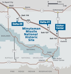 Map of Minuteman Missile National Historic Site in South Dakota. Three sites are labeled with blue callout boxes that match the text color identifying the park. Roads are shown as brown lines against a fog-gray background.