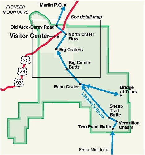 Map of Craters of the Moon National Monument and Preserve in Idaho. The map shows the path of the 1920 Limbert Trek, which cuts diagonally through the green-shaded park from the bottom right side toward the top right corner.