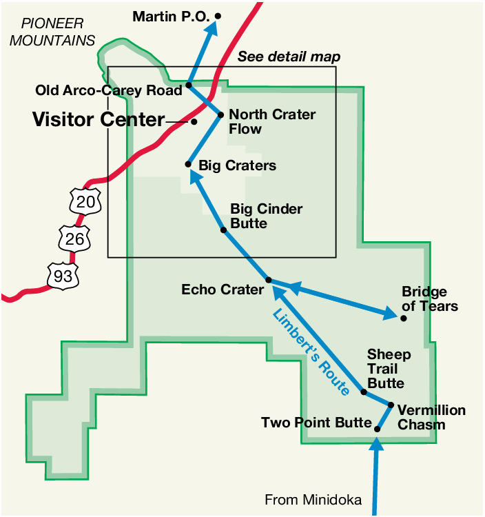 Map of Craters of the Moon National Monument and Preserve in Idaho. The map shows the path of the 1920 Limbert Trek, which cuts diagonally through the green-shaded park from the bottom right side toward the top right corner.