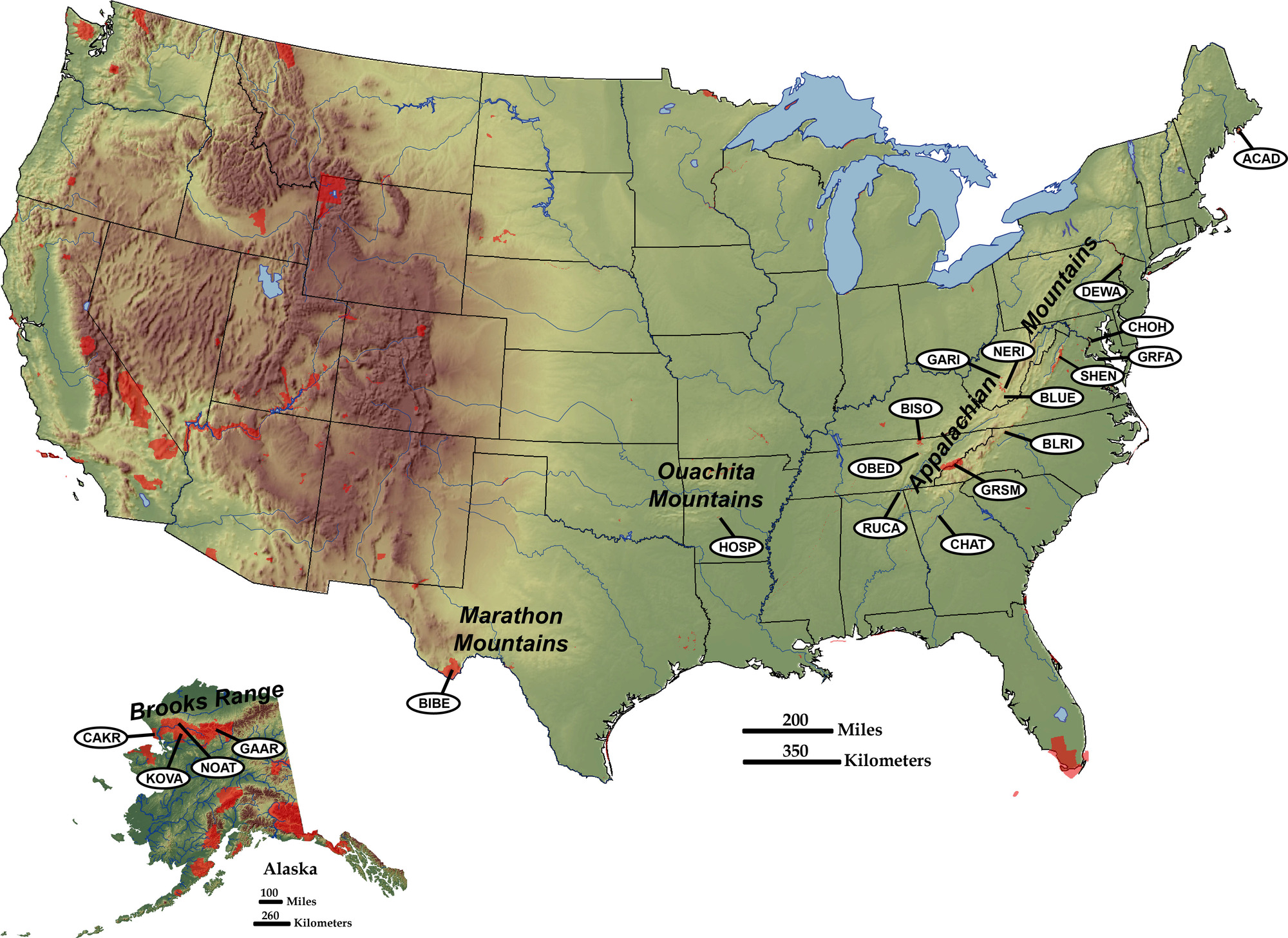 Shaded relief map of United States, highlighting National Park Service sites in Colisional Mountain Ranges.