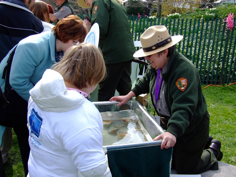 Assateague Island National Seashore park rangers interact with egg rollers on marine life on the South Lawn of the White House.