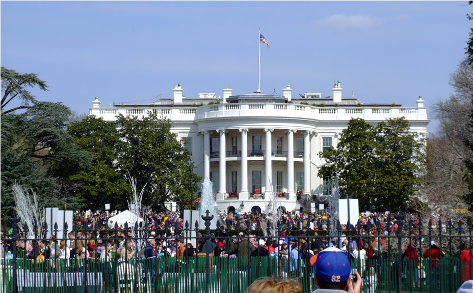 Several visitors stand inside the gates of the White House lawn. 