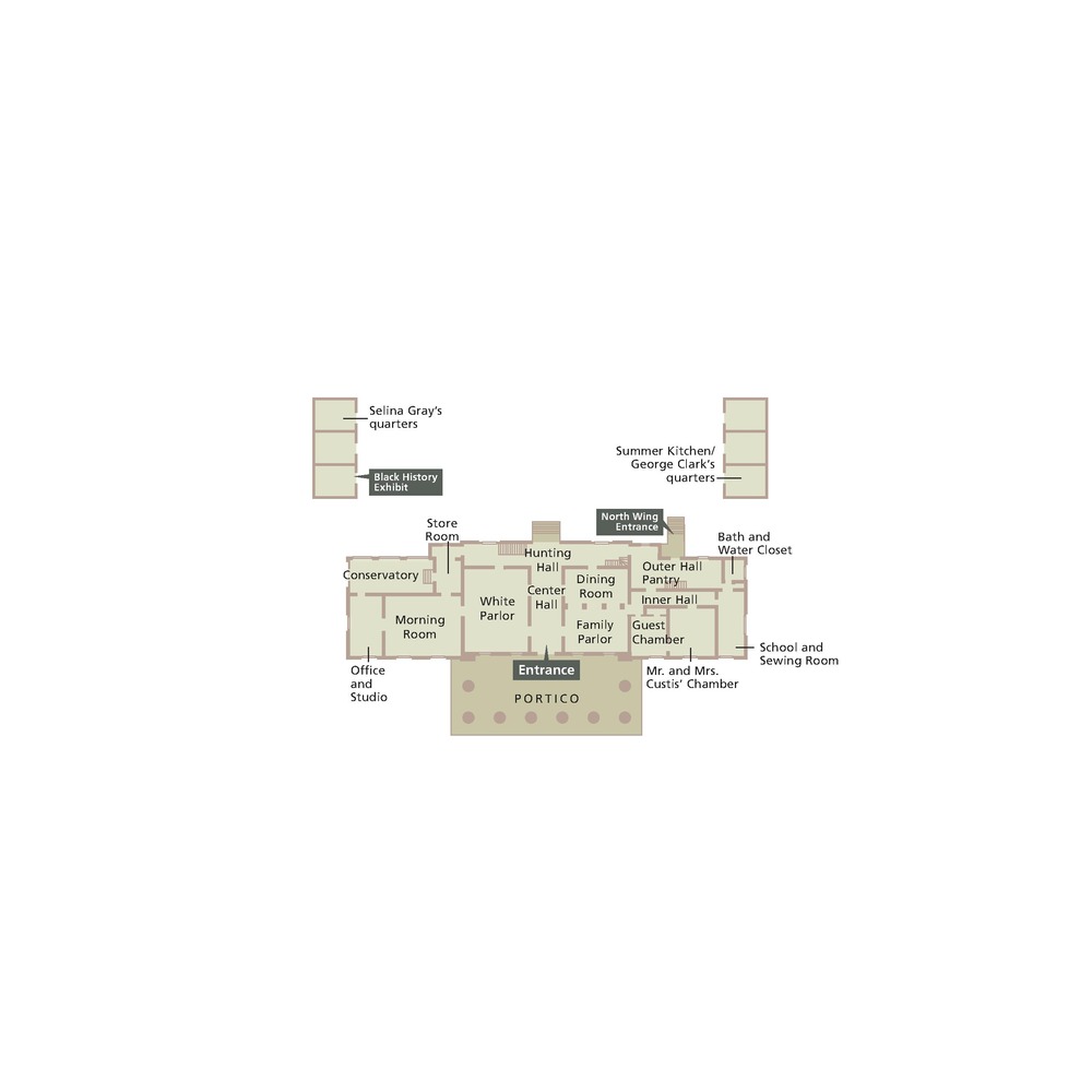 First level floor plan of Arlington House, The Robert E. Lee Memorial in Virginia. The footprints of interior rooms are shown in pale sage green and the exterior Portico in darker moss green. Two independent structures with three rooms are at the top corners of the map.