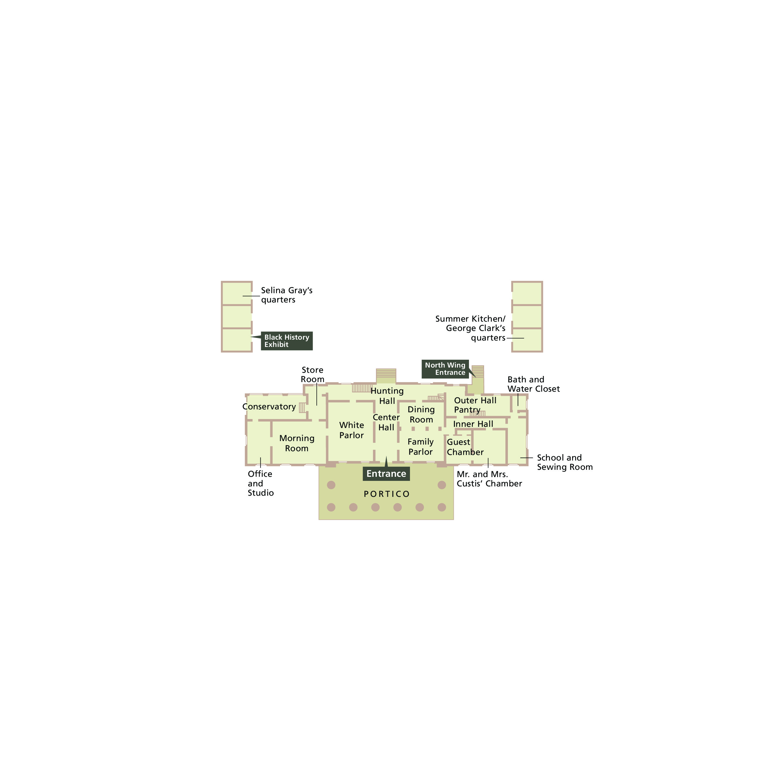First level floor plan of Arlington House, The Robert E. Lee Memorial in Virginia. The footprints of interior rooms are shown in pale sage green and the exterior Portico in darker moss green. Two independent structures with three rooms are at the top corners of the map.