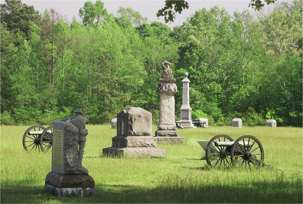 Monuments in Vinniard Field on the Chickamauga Battlefield.
