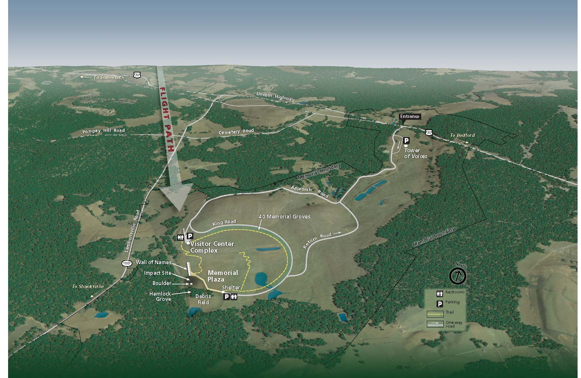 Map showing a bird’s-eye-view of the Flight 93 National Memorial in Pennsylvania. The park is an open area mostly surrounded by a carpet of dense trees. White lines represent roads, and yellow dashed lines represent trails.