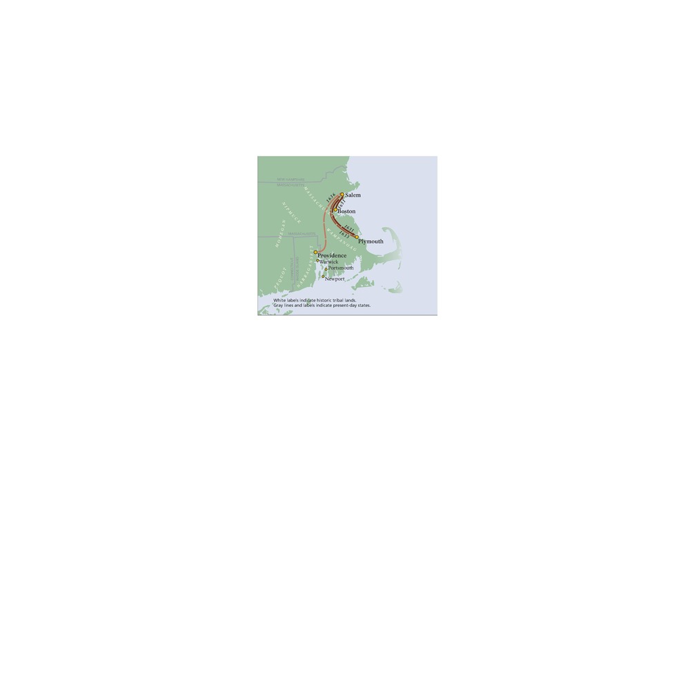 Route map of Roger Williams National Memorial in New England. The map is green with the present-day states outlined in gray. White text indicates historic tribal lands, yellow dots represent towns and cities, and red arrows represent routes taken by the settler Roger Williams.