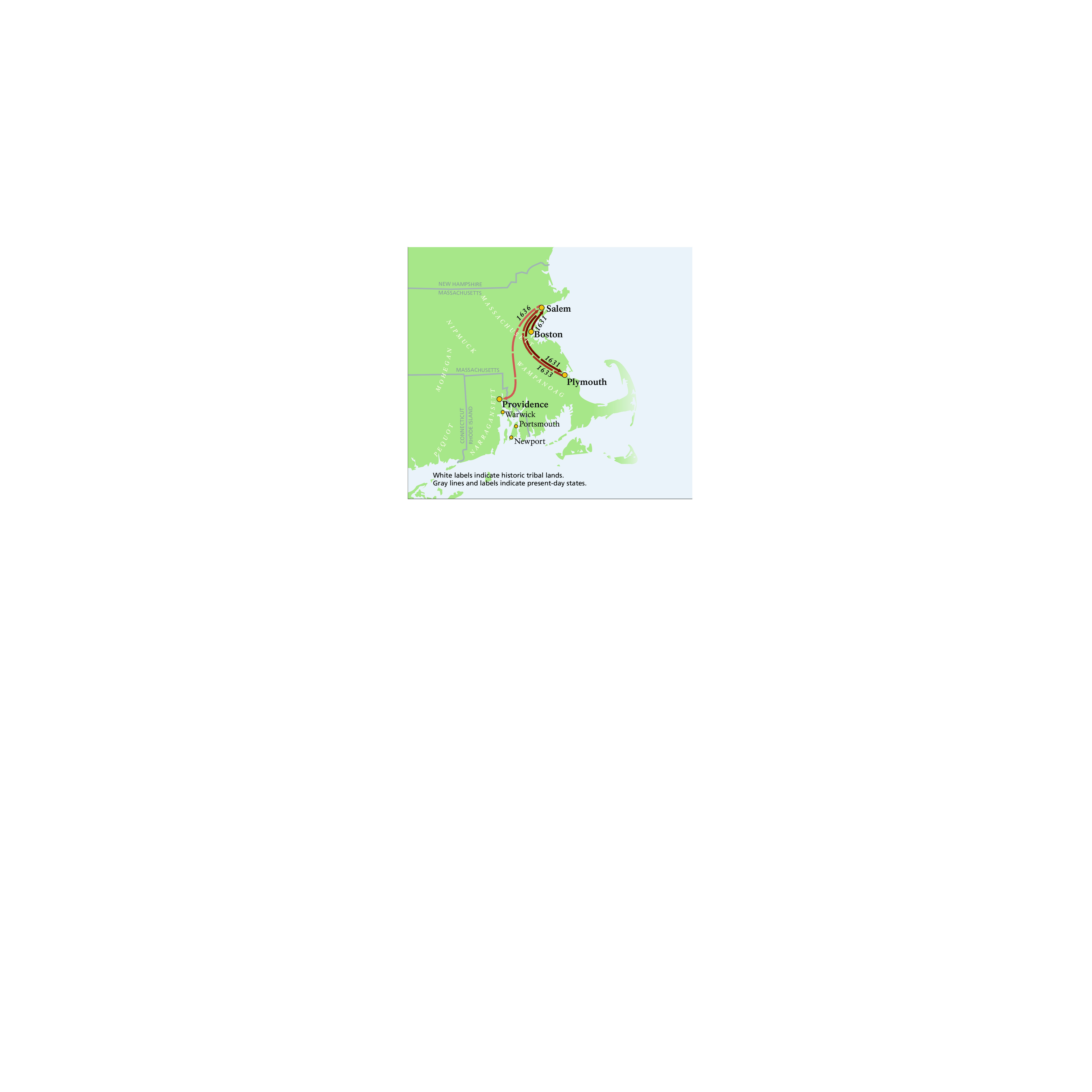Route map of Roger Williams National Memorial in New England. The map is green with the present-day states outlined in gray. White text indicates historic tribal lands, yellow dots represent towns and cities, and red arrows represent routes taken by the settler Roger Williams.