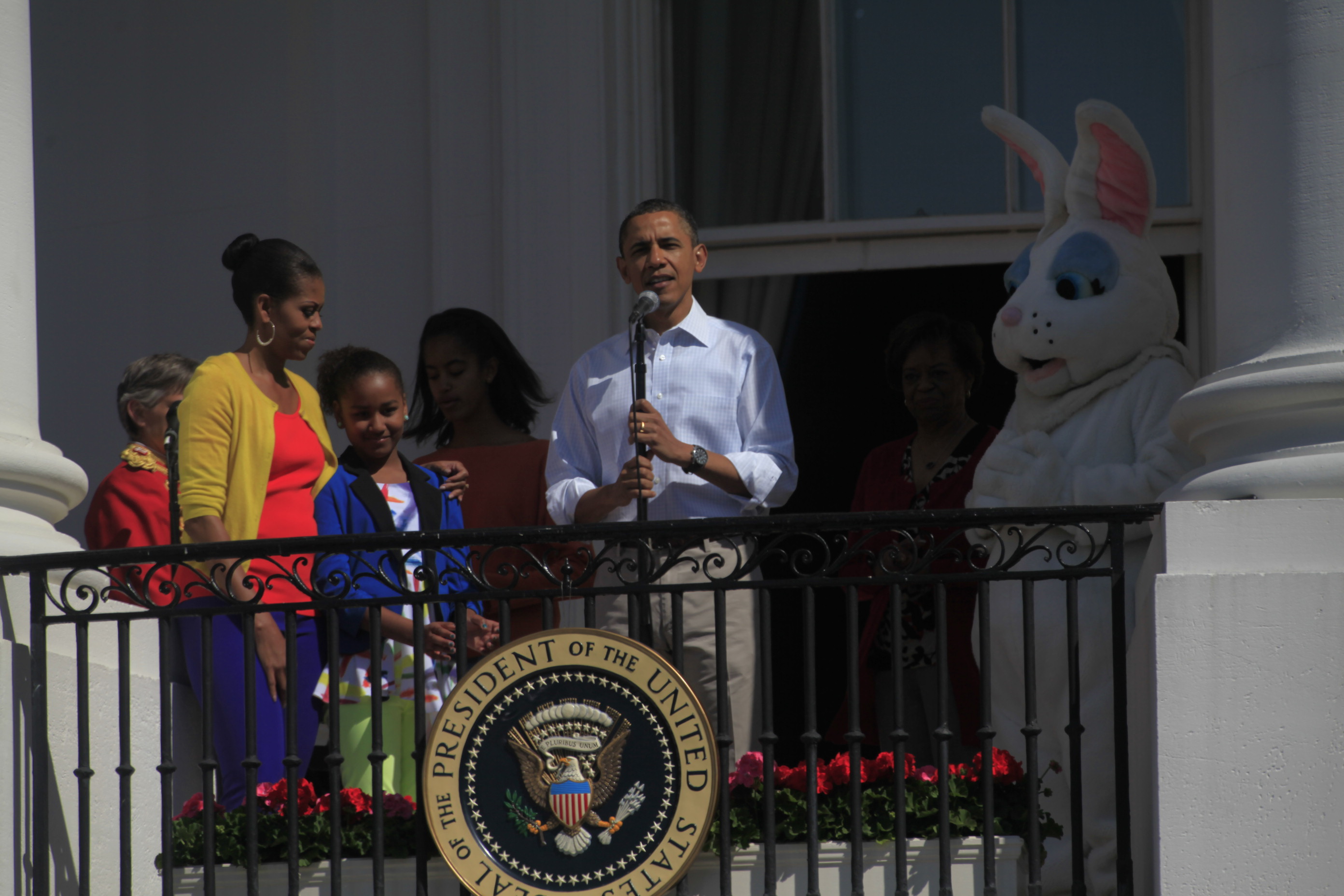President Barack Obama talks to the crowd at the 2012 Easter Egg Roll.