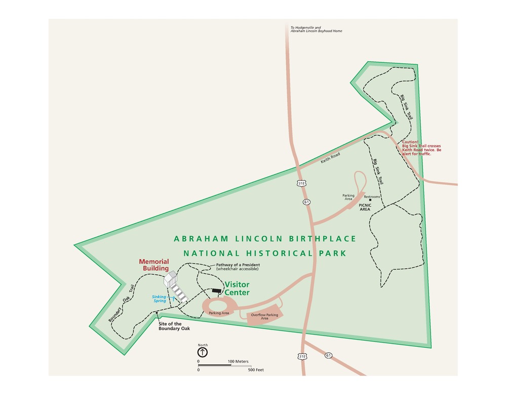 Map of Abraham Lincoln Birthplace National Historical Park in Kentucky. The park is shown in green against an empty beige background, and roads are shown in peach.