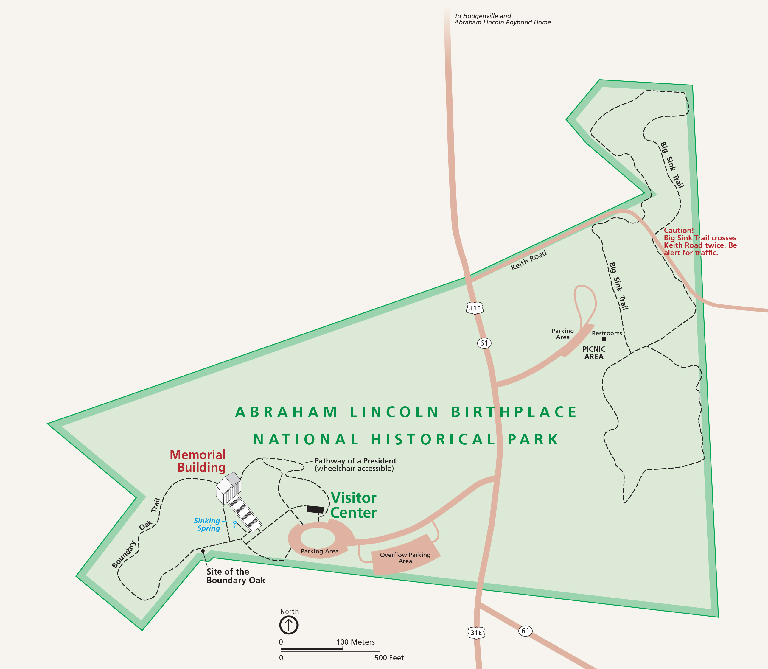 Map of Abraham Lincoln Birthplace National Historical Park in Kentucky. The park is shown in green against an empty beige background, and roads are shown in peach.