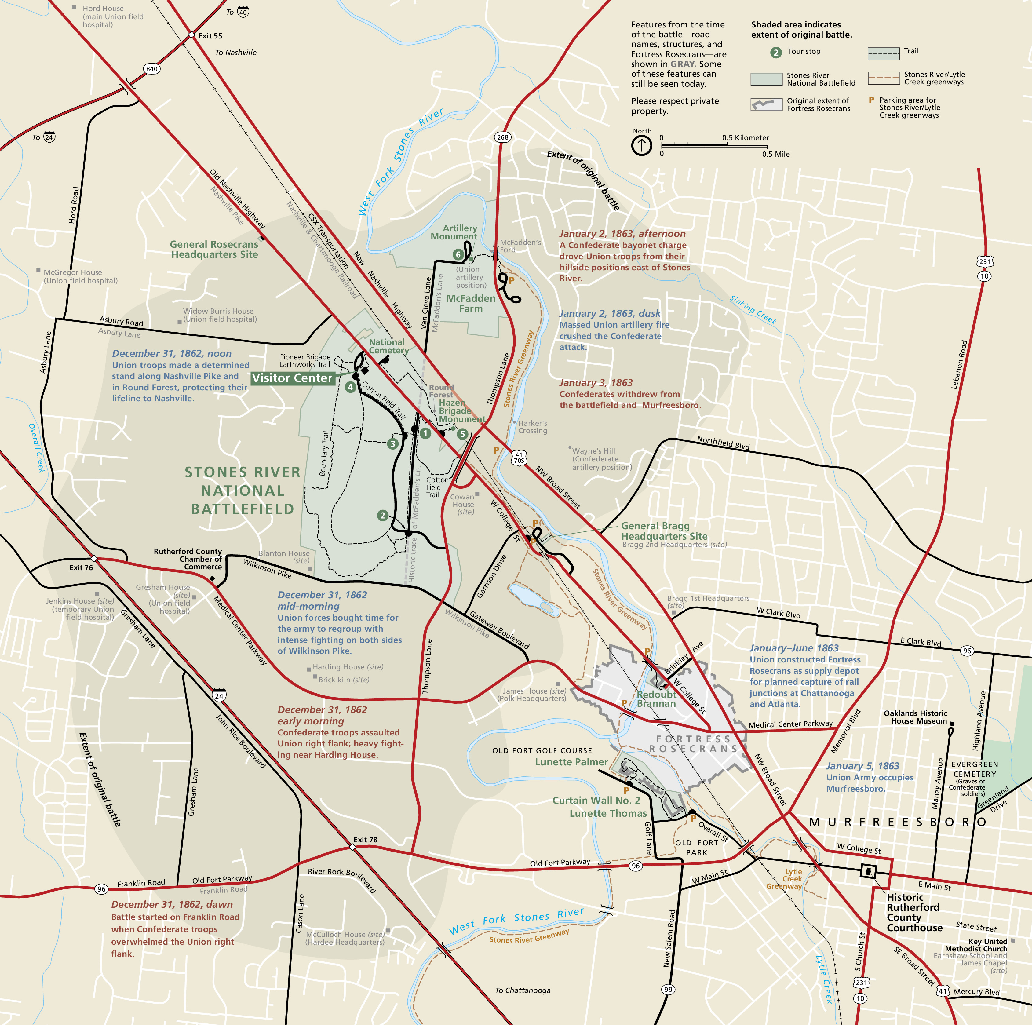 Map of Stones River National Battlefield in Tennessee. The park is relatively small and pale green within a larger tan, roughly bean-shaped, vertically oriented area on the left half of the map. Surrounding areas are pale yellow, highways are shown as red lines, and named roads indicated with black lines.