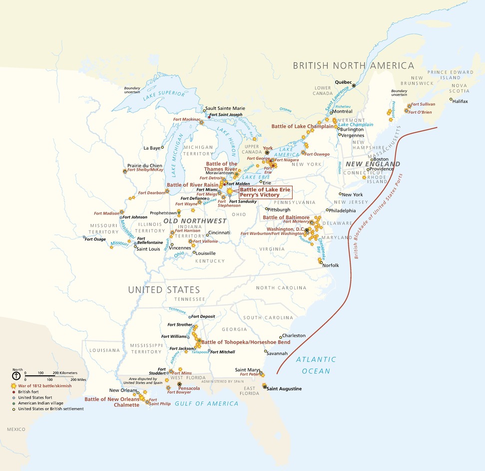 Map of the War of 1812 for Perry’s Victory and International Peace Memorial in Ohio. The map shows the United States and British North America from Louisiana on the southwest and the Great Lakes on the northwest, over to Nova Scotia in the northeast and Florida to the south. U.S. territory is beige, surrounding land is darker beige, and water is blue.