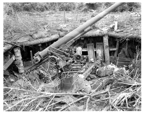 A large gun with a gunner seat on the side sits in a low bunker made of logs and sandbags. The bunker is filled with downed limbs.