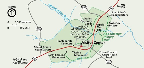 Map of Appomattox Court House National Park in Virginia. The park is shown in green and the rest of the area in beige. State Route 24 is represented with a red line, and other roads are shown in gray.