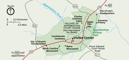 Map of Appomattox Court House National Park in Virginia. The park is shown in green and the rest of the area in beige. State Route 24 is represented with a red line, and other roads are shown in gray.