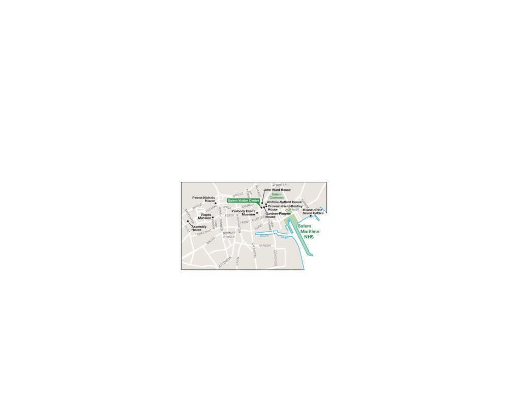 Map of the Salem Maritime National Historic Site in Massachusetts. The historic site is shown in green, surrounding areas in beige, and roads in white.