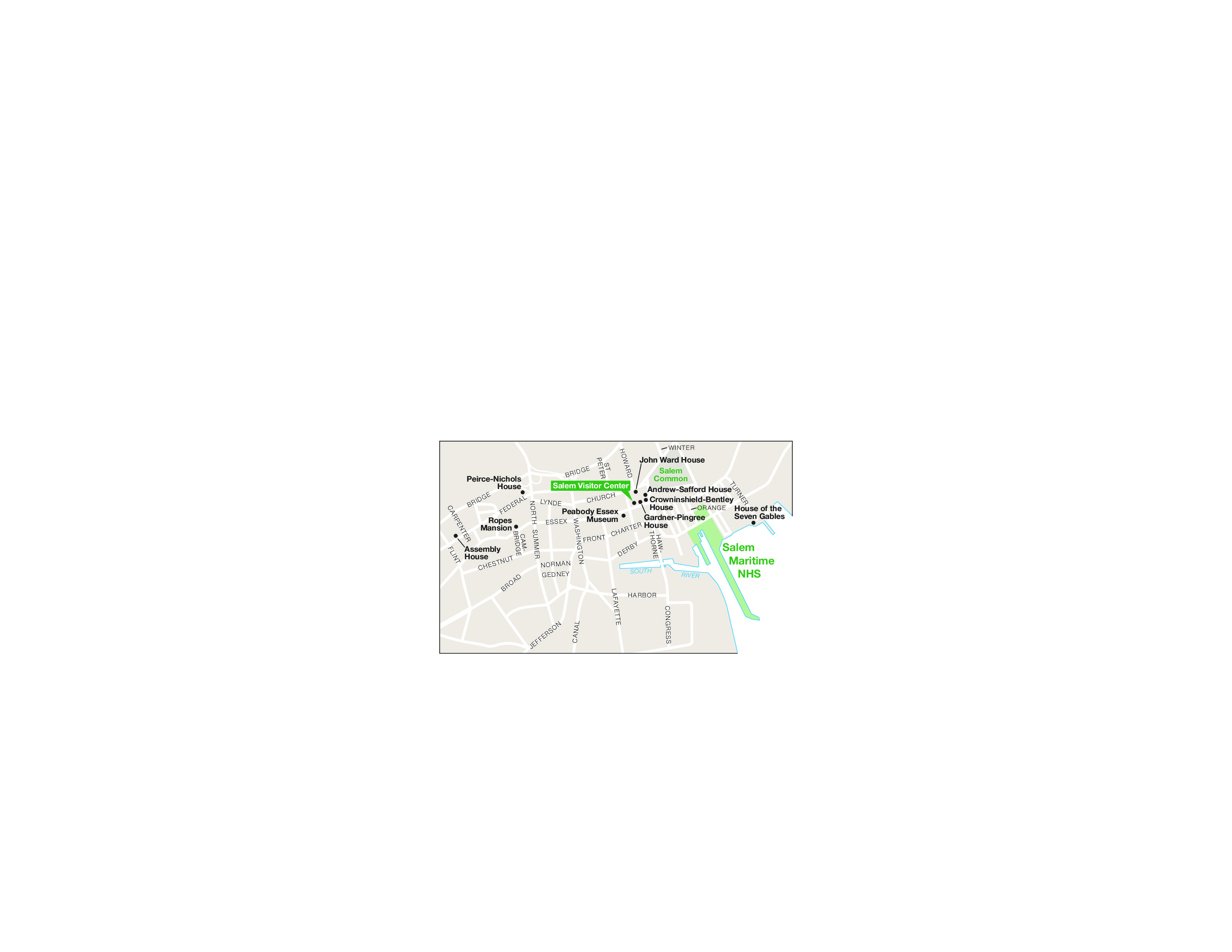 Map of the Salem Maritime National Historic Site in Massachusetts. The historic site is shown in green, surrounding areas in beige, and roads in white.