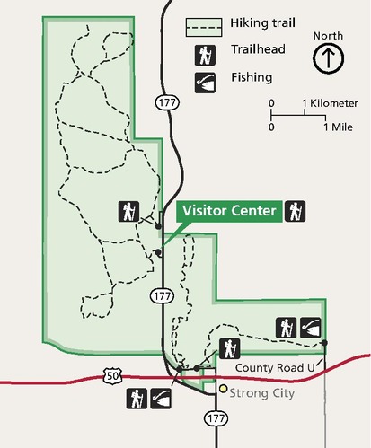 Map of Tallgrass Prairie National Preserve in Kansas. The park is shown in green, surrounding areas in tan, and roads in black or red.
