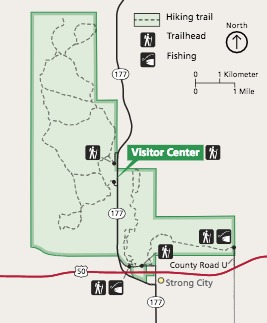 Map of Tallgrass Prairie National Preserve in Kansas. The park is shown in green, surrounding areas in tan, and roads in black or red.
