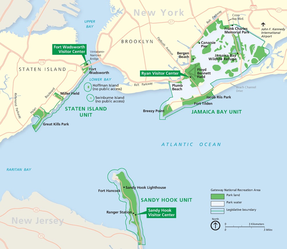 Area map of the Gateway National Recreation Area in New Jersey and New York. Land masses are shown in tan with park areas highlighted in green. Roads and highways are represented by pink lines.