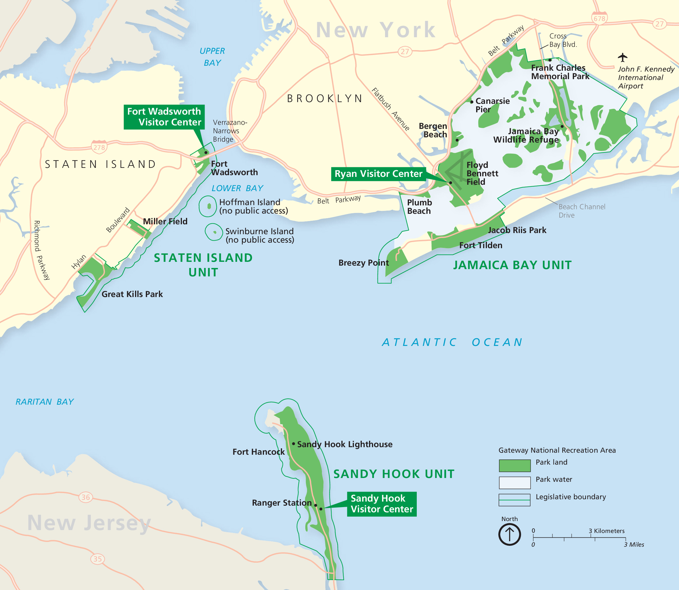 Area map of the Gateway National Recreation Area in New Jersey and New York. Land masses are shown in tan with park areas highlighted in green. Roads and highways are represented by pink lines.