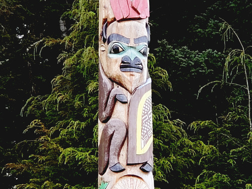 A portion of a totem pole carved in Northwest coast style. Depicting a Bison wearing a Chilkat Robe. 