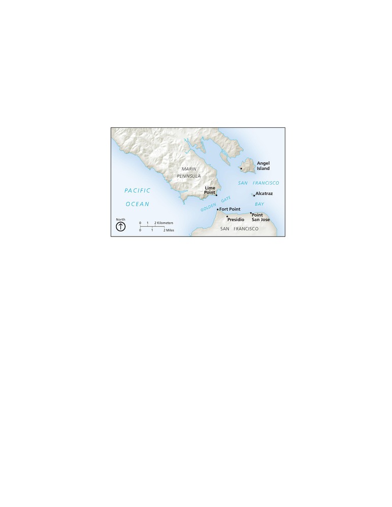 Map of Bay Forts for Fort Point National Historic Site in California. The map shows the Marin Peninsula as a long, textured gray mass of land coming in diagonally from the top left corner and San Francisco as a mound on the bottom. Several forts are labeled around the San Francisco Bay.