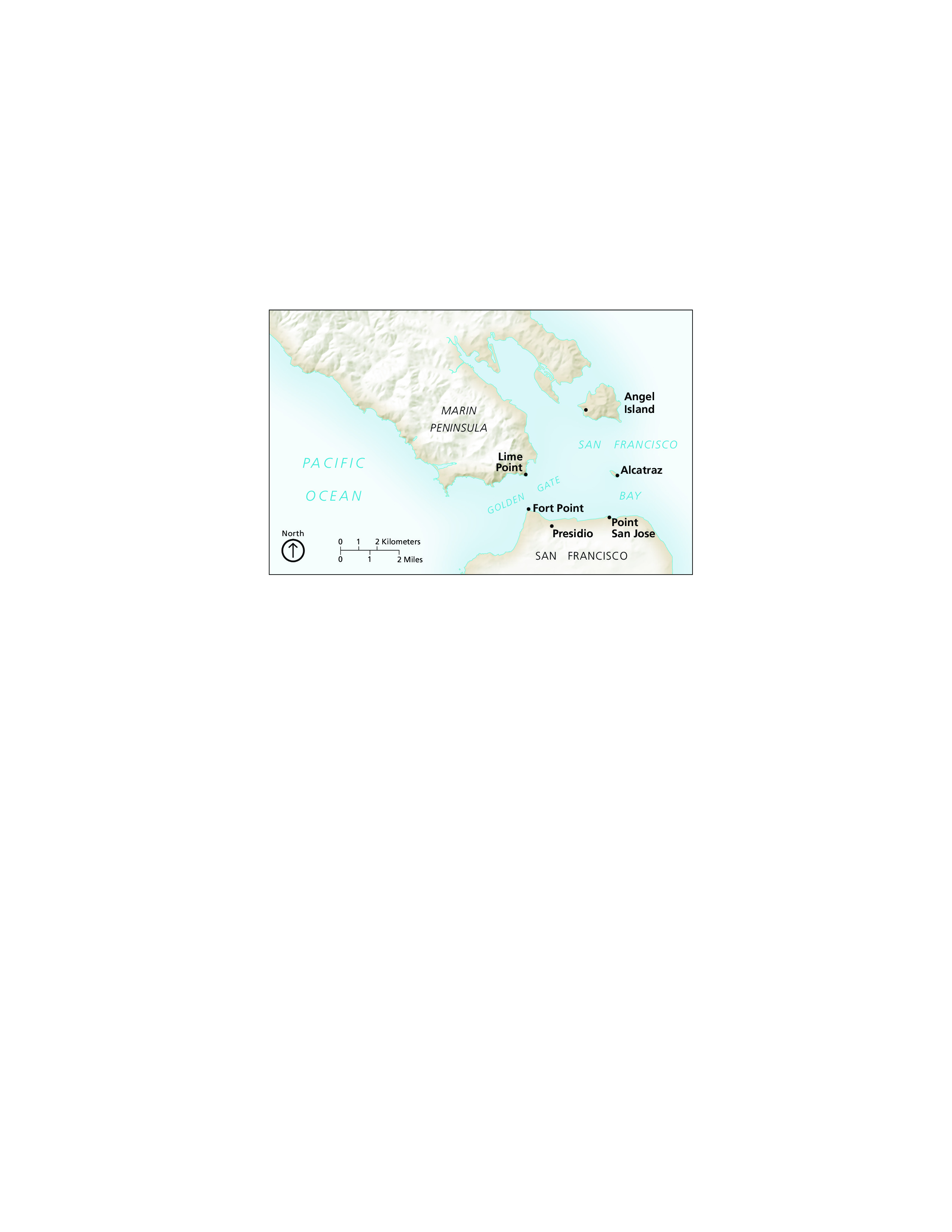Map of Bay Forts for Fort Point National Historic Site in California. The map shows the Marin Peninsula as a long, textured gray mass of land coming in diagonally from the top left corner and San Francisco as a mound on the bottom. Several forts are labeled around the San Francisco Bay.