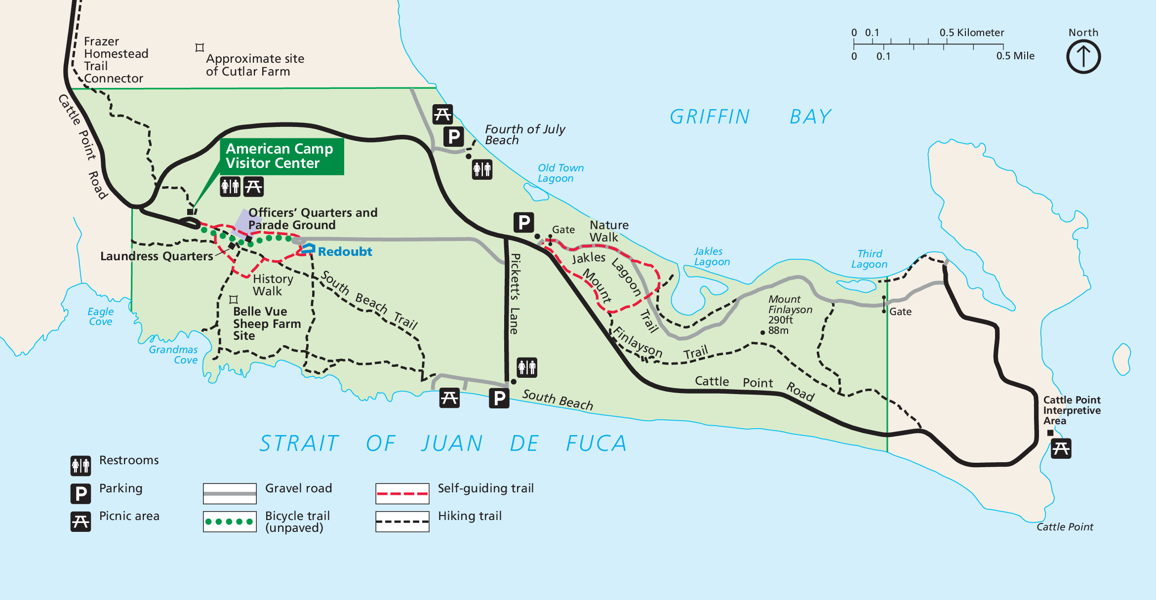 Map of the American camp in San Juan Island National Historical Park in Washington. The park stretches most of the length of a long peninsula. It is shaded green, and other areas are tan. Griffin Bay to the north and the Strait of Juan de Fuca to the south are shown in blue.