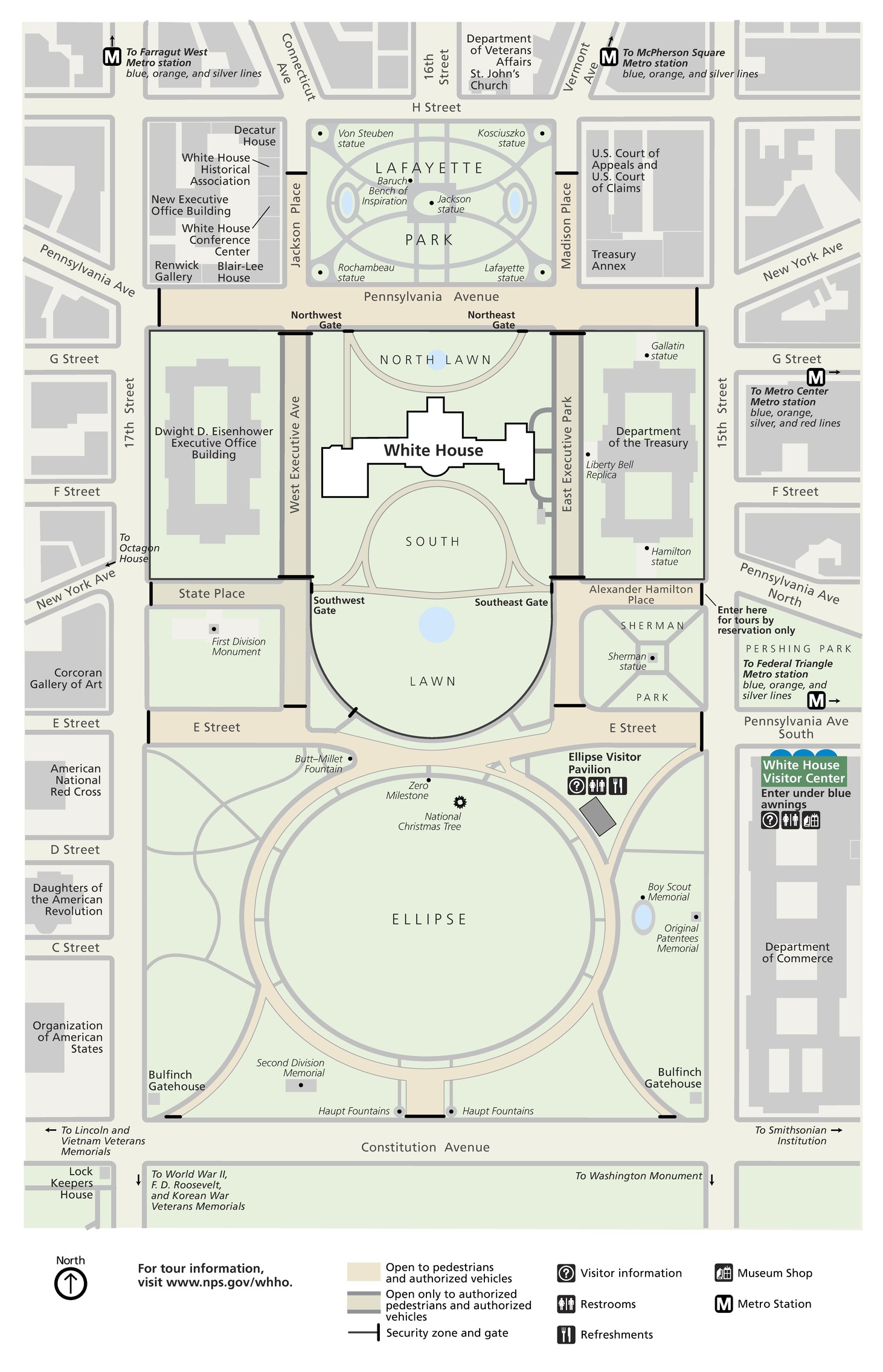 Map of the White House and President’s Park in Washington, DC. The White House property is four by eight city blocks. Roads and buildings surrounding the White House property are labeled, and almost all are outlined with gray.