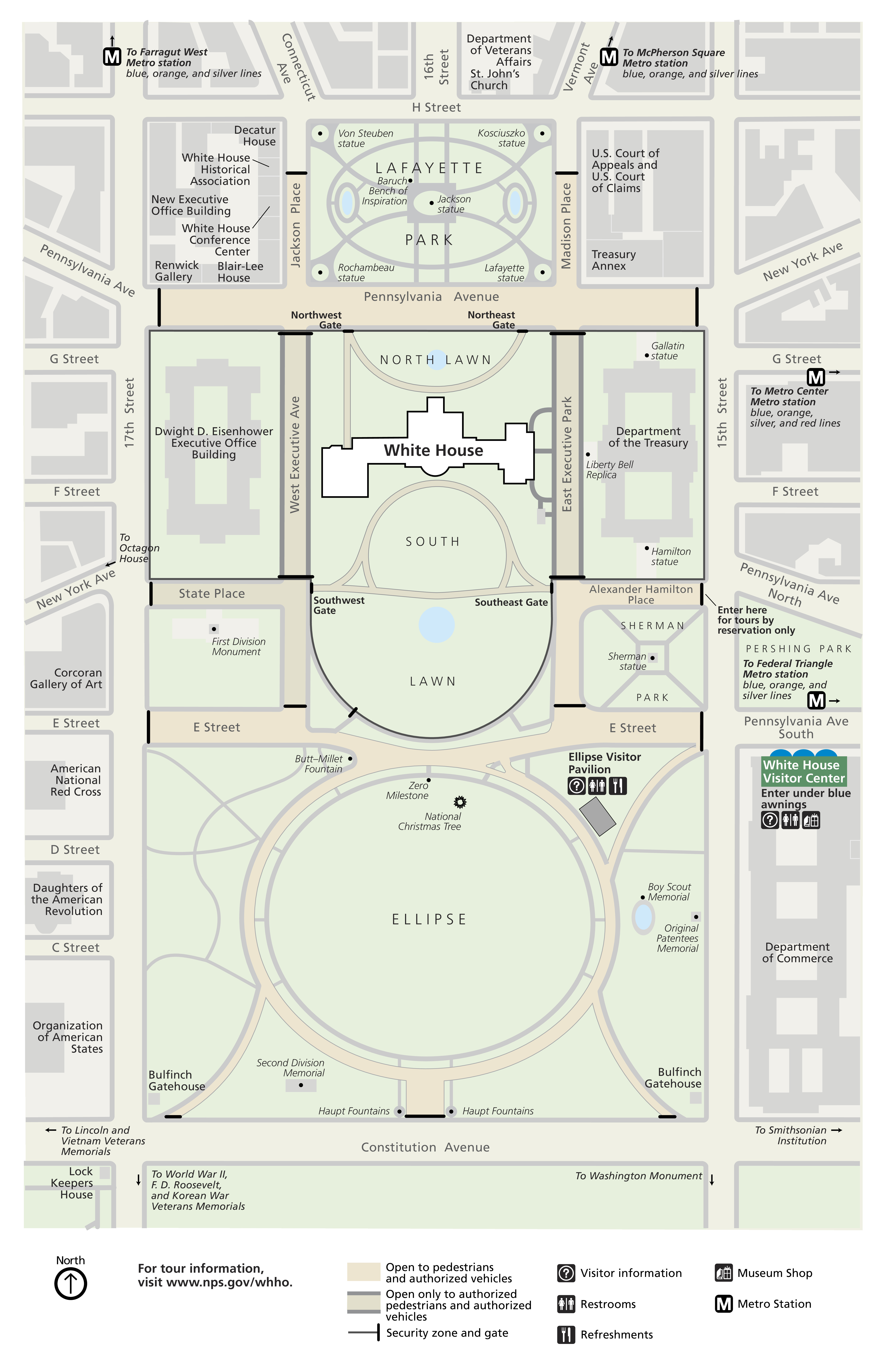 Map of the White House and President’s Park in Washington, DC. The White House property is four by eight city blocks. Roads and buildings surrounding the White House property are labeled, and almost all are outlined with gray.